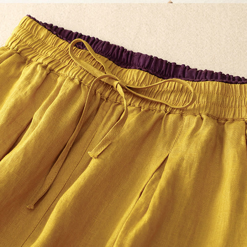 Pantaloni harem in lino e cotone con lacci a vita alta vintage Buddha Stones con tasche