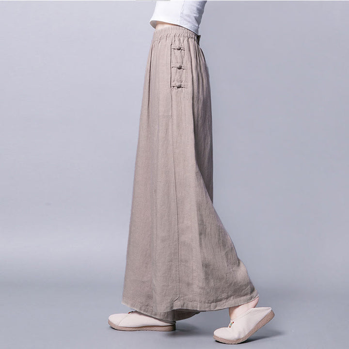Pantaloni larghi a vita alta con bottoni a rana in cotone casual Buddha Stones con tasche