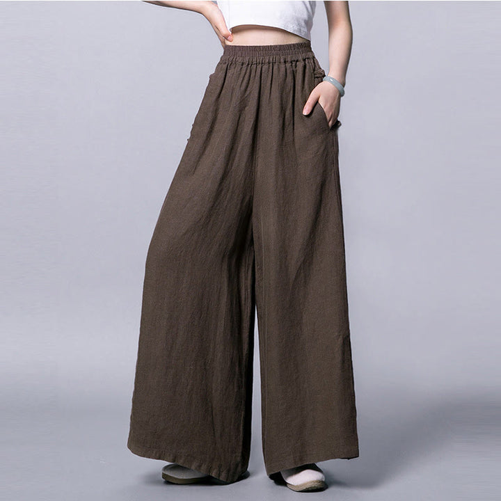 Pantaloni larghi a vita alta con bottoni a rana in cotone casual Buddha Stones con tasche