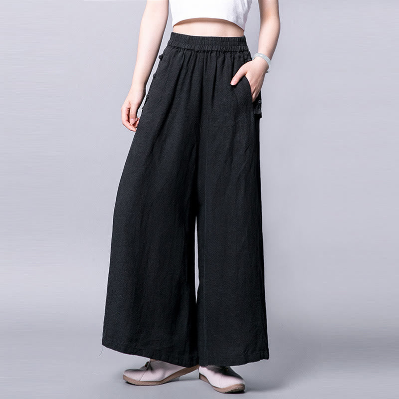 Pantaloni larghi a vita alta con bottoni a rana in cotone casual Buddha Stones con tasche