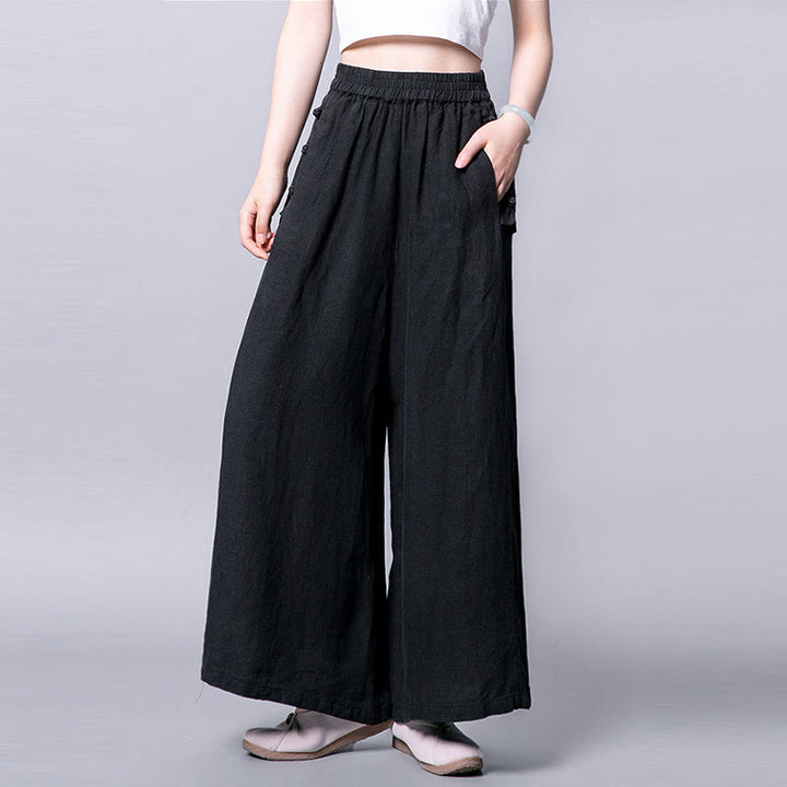 Pantaloni larghi a vita alta con bottoni a rana in cotone casual Buddha Stones con tasche