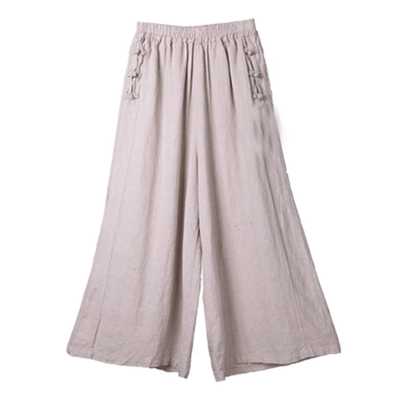 Pantaloni larghi a vita alta con bottoni a rana in cotone casual Buddha Stones con tasche