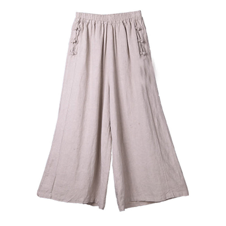 Pantaloni larghi a vita alta con bottoni a rana in cotone casual Buddha Stones con tasche