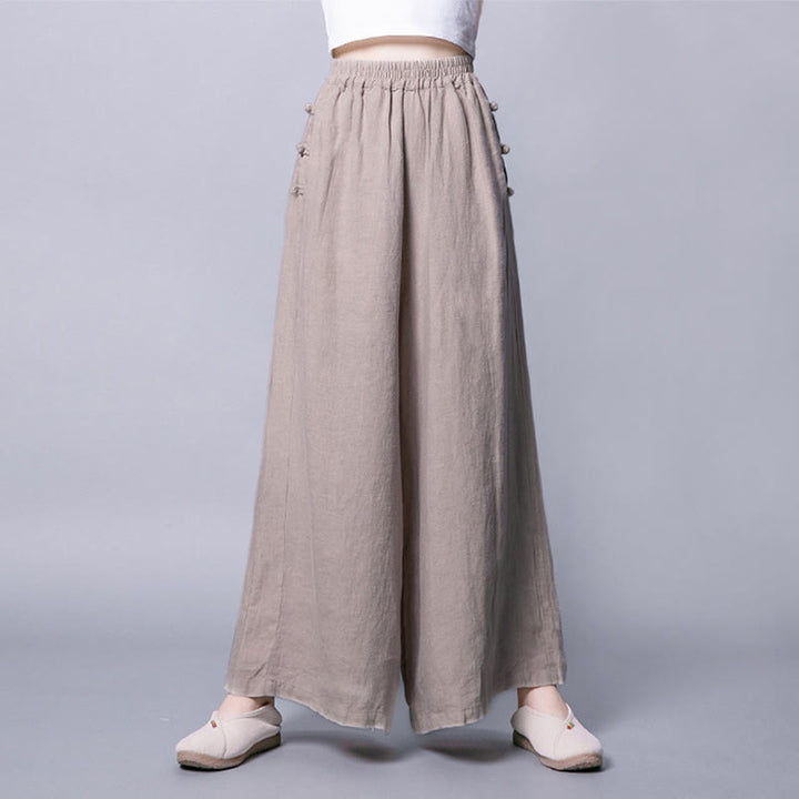Pantaloni larghi a vita alta con bottoni a rana in cotone casual Buddha Stones con tasche