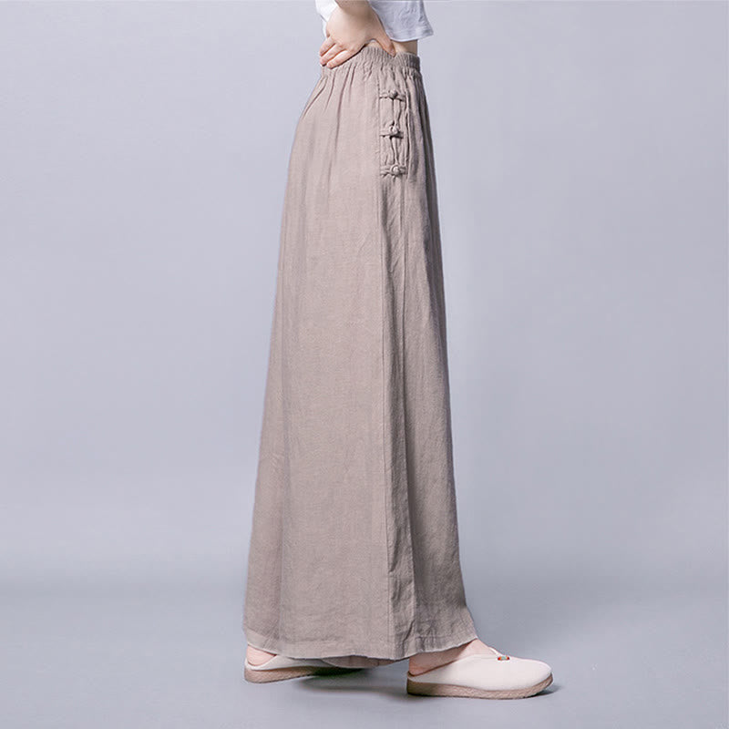 Pantaloni larghi a vita alta con bottoni a rana in cotone casual Buddha Stones con tasche