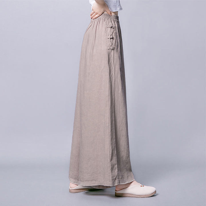Pantaloni larghi a vita alta con bottoni a rana in cotone casual Buddha Stones con tasche