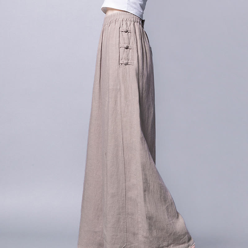 Pantaloni larghi a vita alta con bottoni a rana in cotone casual Buddha Stones con tasche