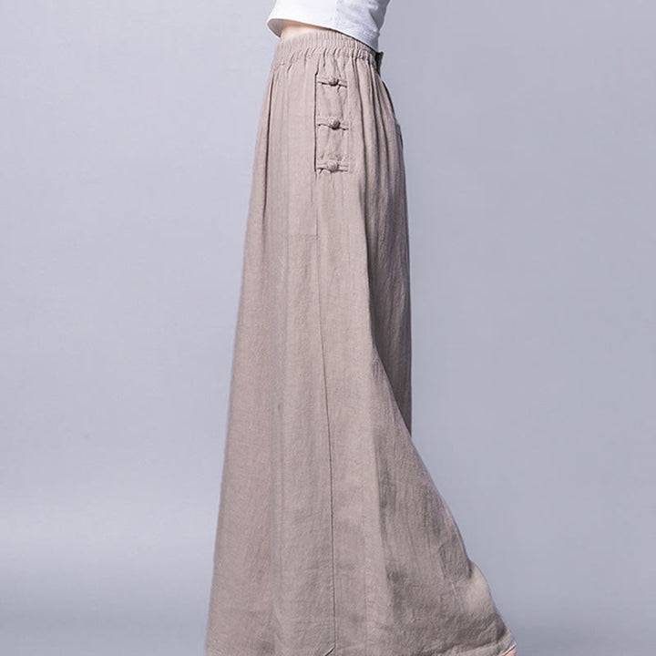 Pantaloni larghi a vita alta con bottoni a rana in cotone casual Buddha Stones con tasche