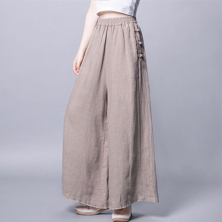 Pantaloni larghi a vita alta con bottoni a rana in cotone casual Buddha Stones con tasche