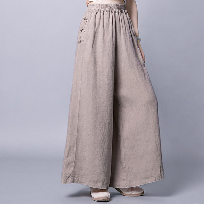 Pantaloni larghi a vita alta con bottoni a rana in cotone casual Buddha Stones con tasche