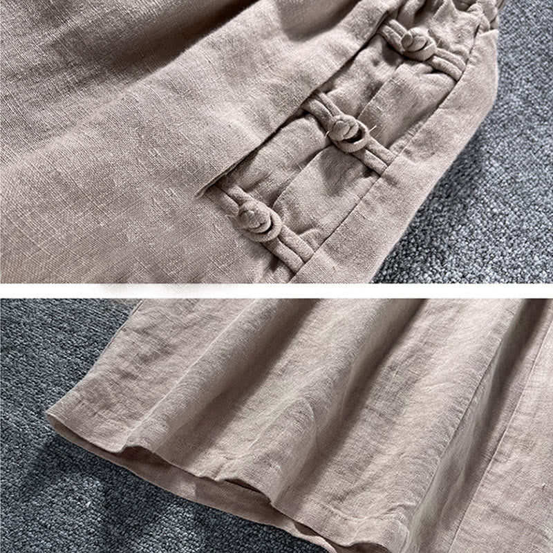 Pantaloni larghi a vita alta con bottoni a rana in cotone casual Buddha Stones con tasche