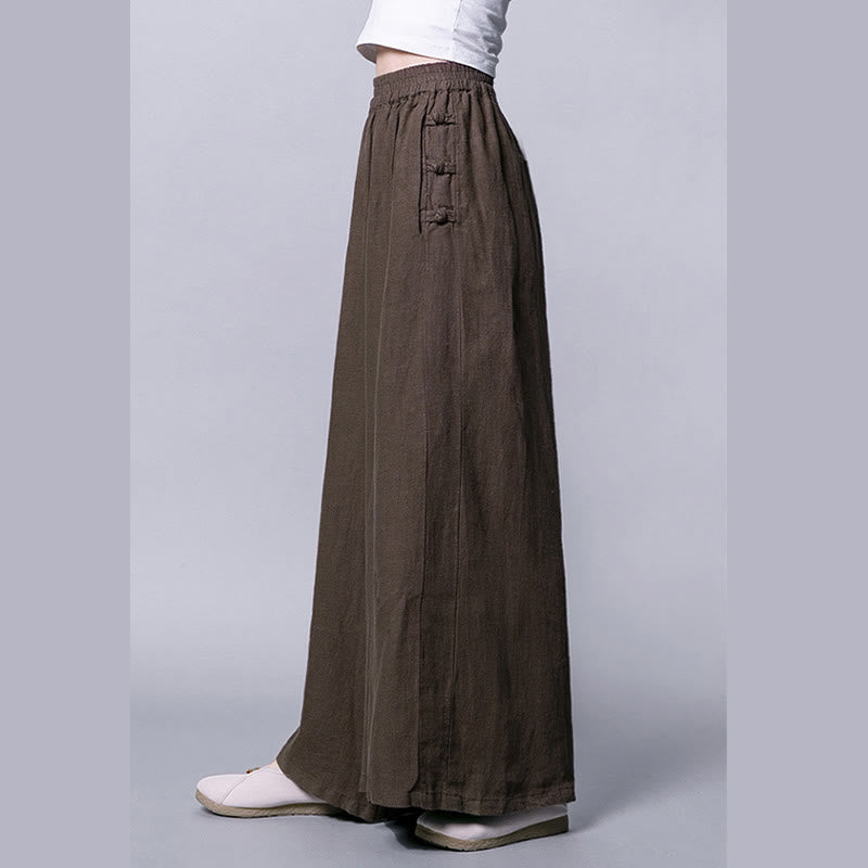Pantaloni larghi a vita alta con bottoni a rana in cotone casual Buddha Stones con tasche