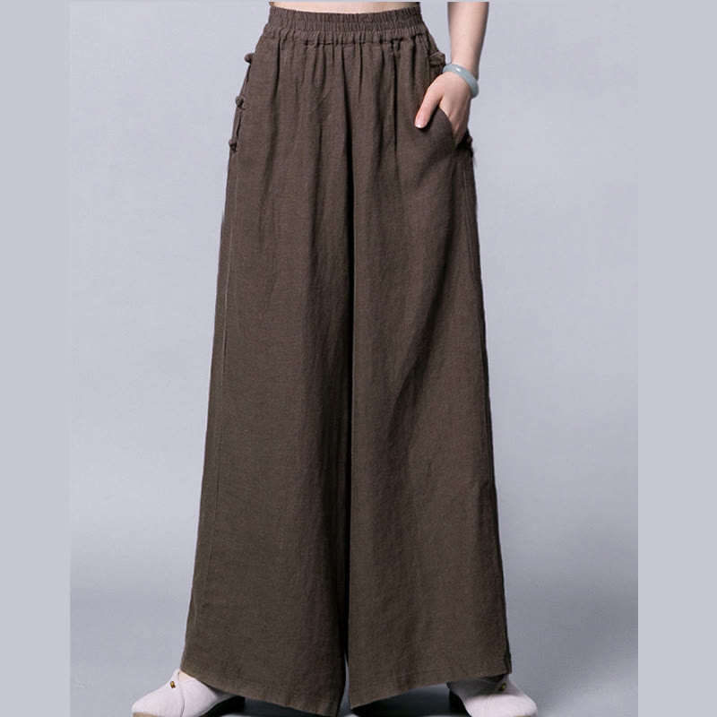 Pantaloni larghi a vita alta con bottoni a rana in cotone casual Buddha Stones con tasche