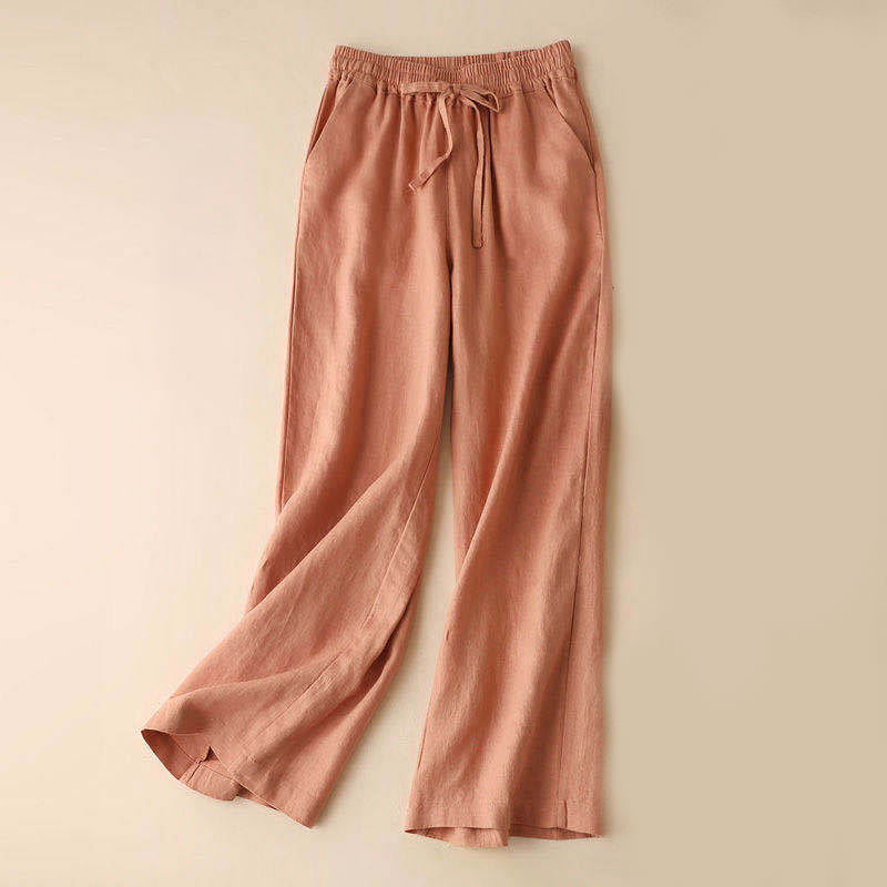 Pantaloni larghi con lacci a vita alta in cotone e lino casual Buddha Stones con tasche - Salmone chiaro - US12, UK/AU16, EU44 (3XL) - image 1