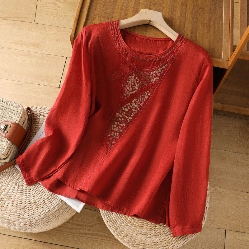 Maglione girocollo in cotone e lino con ricamo etnico Buddha Stones - Rosso - US8-10, UK/AU12-14, EU40-42 (2XL) - image 11