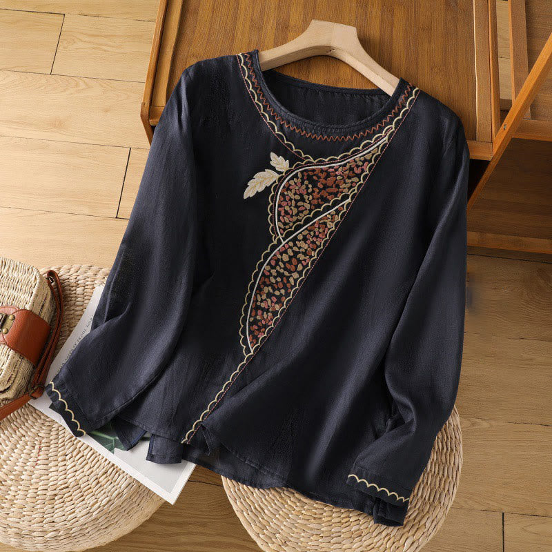 Maglione girocollo in cotone e lino con ricamo etnico Buddha Stones - Blu notte - US8-10, UK/AU12-14, EU40-42 (2XL) - image 4