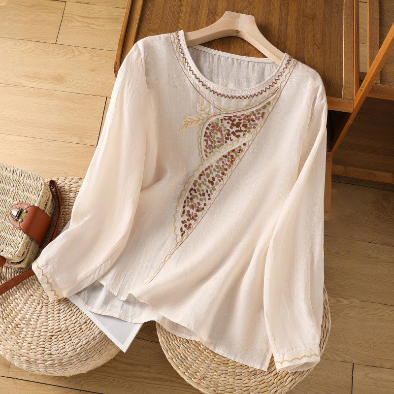 Maglione girocollo in cotone e lino con ricamo etnico Buddha Stones - Biscotto - US8-10, UK/AU12-14, EU40-42 (2XL) - image 1
