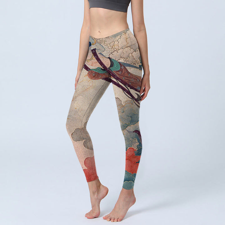 Buddha Stones Dunhuang Flying Apsaras Auspicious Clouds Stampa Leggings Fitness Pantaloni Yoga Donna - Tan - US18, UK/AU22, EU50 (4XL) - image 0