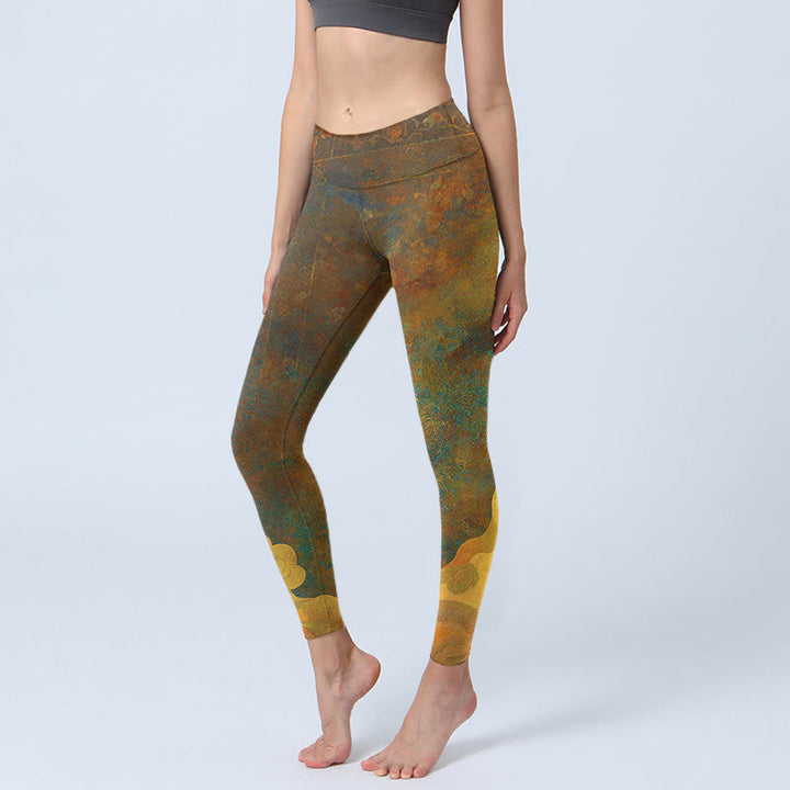 Leggings fitness in tessuto lycra con stampa Buddha Stones , nuvole di buon auspicio, pantaloni da yoga da donna - Verga d'oro scura - US18, UK/AU22, EU50 (4XL) - image 0