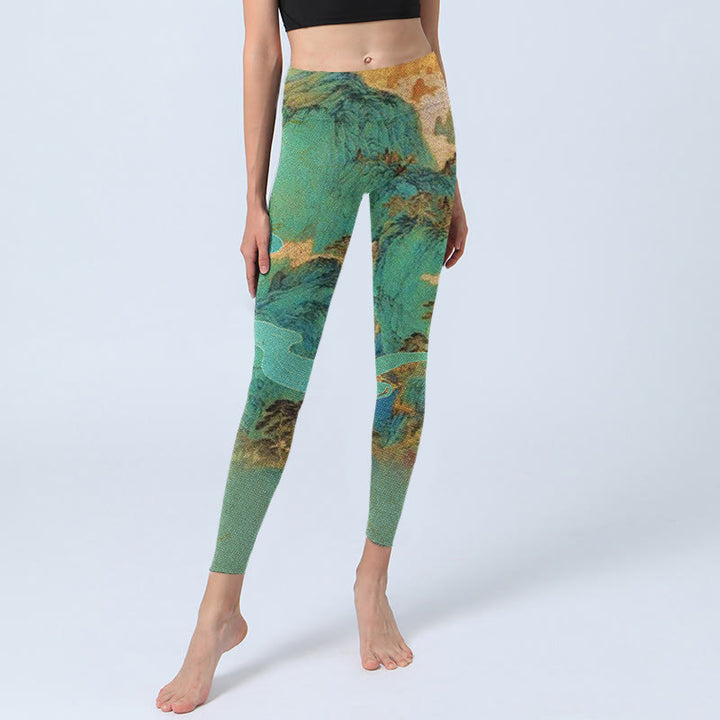 Leggings fitness in tessuto lycra con stampa paesaggio montagne verdi stile cinese Buddha Stones Pantaloni da yoga da donna - image 5