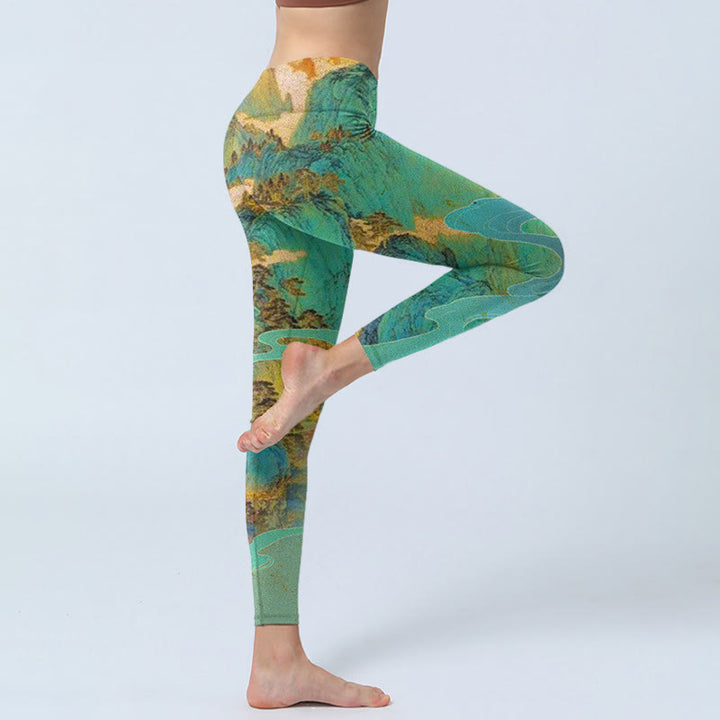 Leggings fitness in tessuto lycra con stampa paesaggio montagne verdi stile cinese Buddha Stones Pantaloni da yoga da donna - image 4
