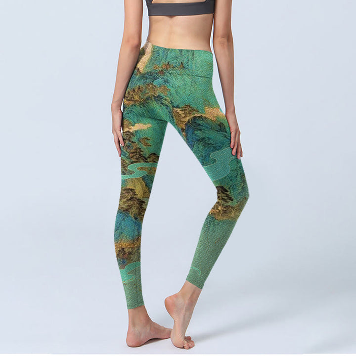 Leggings fitness in tessuto lycra con stampa paesaggio montagne verdi stile cinese Buddha Stones Pantaloni da yoga da donna - image 3