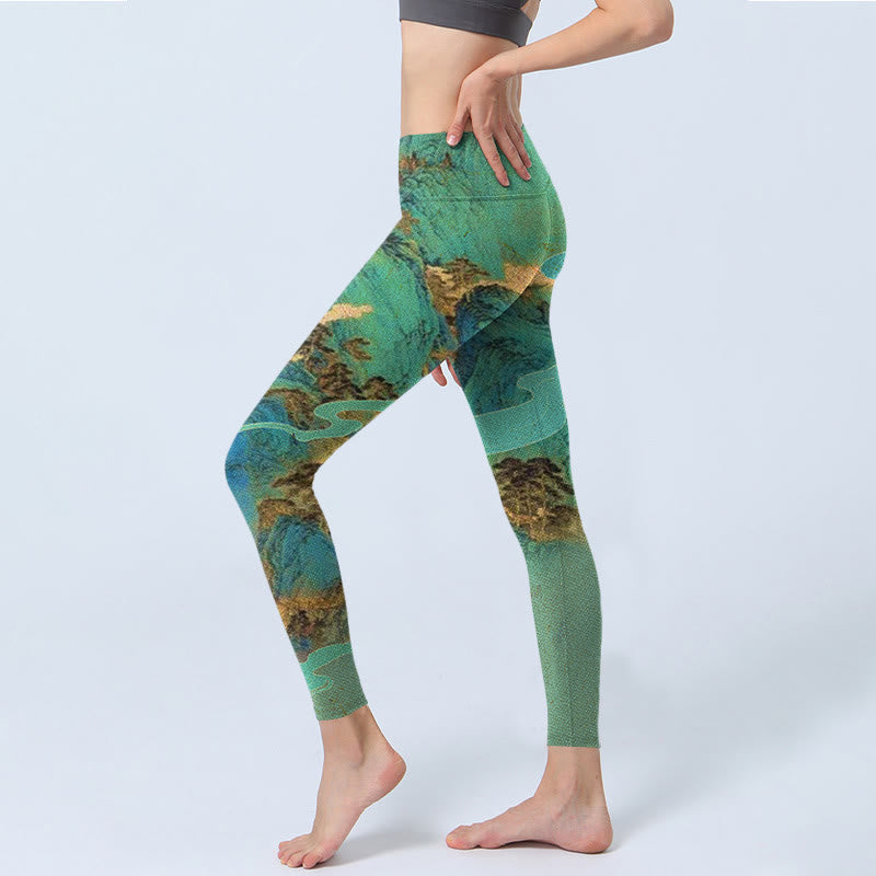 Leggings fitness in tessuto lycra con stampa paesaggio montagne verdi stile cinese Buddha Stones Pantaloni da yoga da donna - image 2