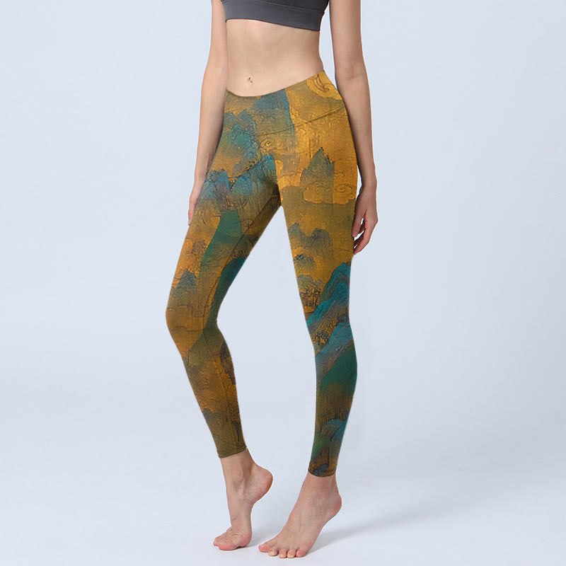Leggings fitness Buddha Stones Dark Goldenrod Mountain Print Pantaloni da yoga da donna - Verga d'oro scura - US18, UK/AU22, EU50 (4XL) - image 0