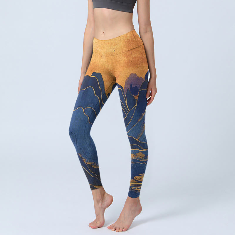 Leggings fitness con stampa tramonto montagna blu scuro Buddha Stones Pantaloni yoga da donna - Blu notte - US18, UK/AU22, EU50 (4XL) - image 0