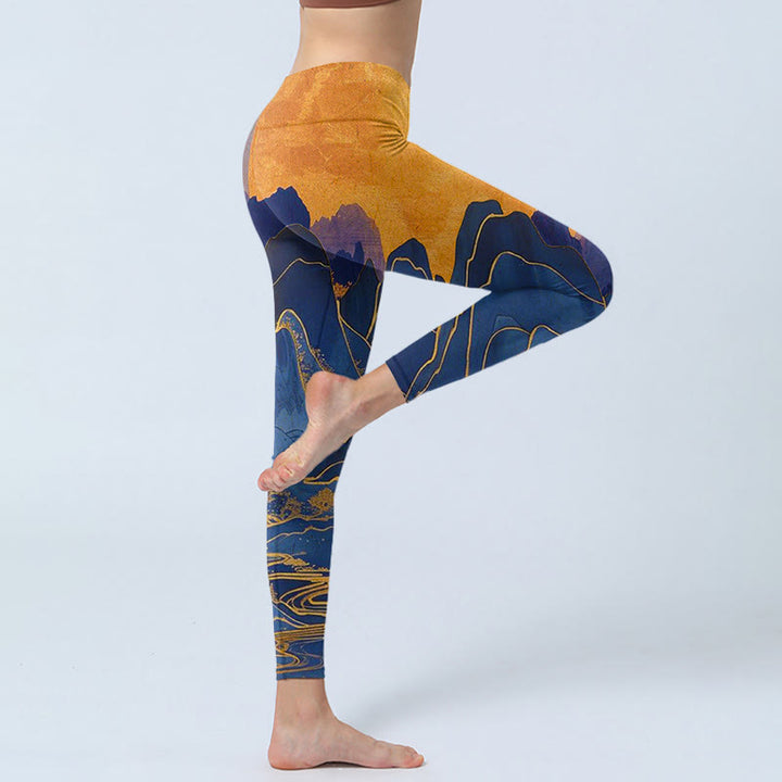 Leggings fitness con stampa tramonto montagna blu scuro Buddha Stones Pantaloni yoga da donna - image 4