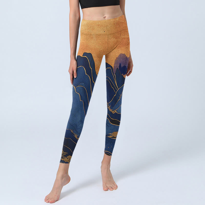 Leggings fitness con stampa tramonto montagna blu scuro Buddha Stones Pantaloni yoga da donna - image 6
