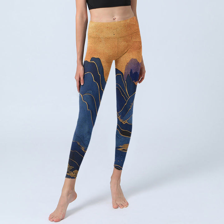 Leggings fitness con stampa tramonto montagna blu scuro Buddha Stones Pantaloni yoga da donna - image 6