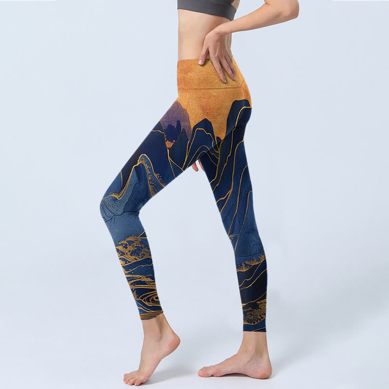 Leggings fitness con stampa tramonto montagna blu scuro Buddha Stones Pantaloni yoga da donna - image 2