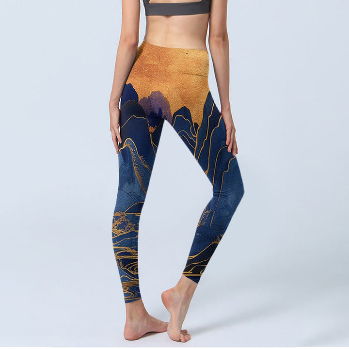 Leggings fitness con stampa tramonto montagna blu scuro Buddha Stones Pantaloni yoga da donna - image 3