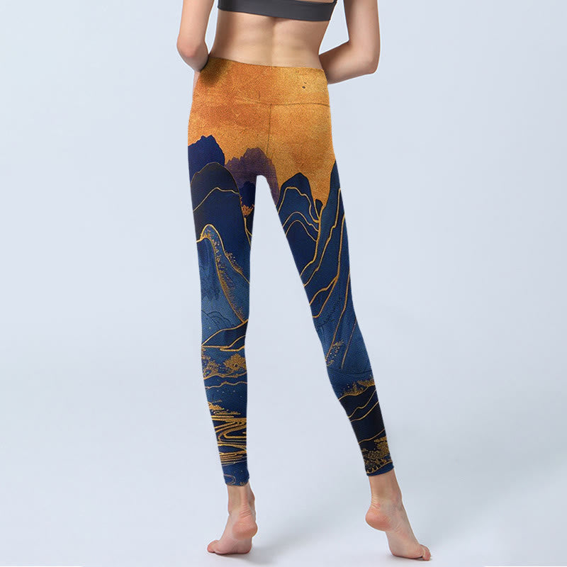 Leggings fitness con stampa tramonto montagna blu scuro Buddha Stones Pantaloni yoga da donna - image 6