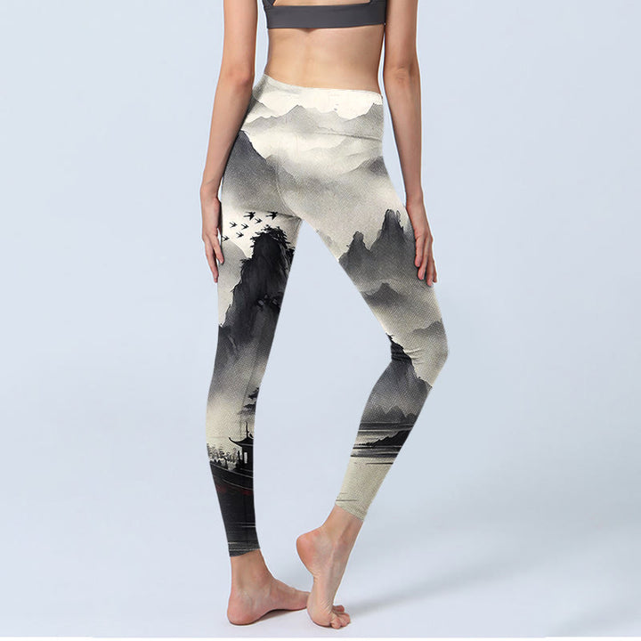 Leggings fitness da donna con stampa di paesaggio con schizzi di inchiostro Buddha Stones , pantaloni da yoga - image 4