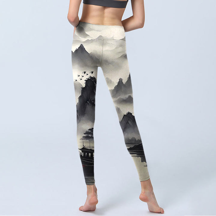Leggings fitness da donna con stampa di paesaggio con schizzi di inchiostro Buddha Stones , pantaloni da yoga - image 7