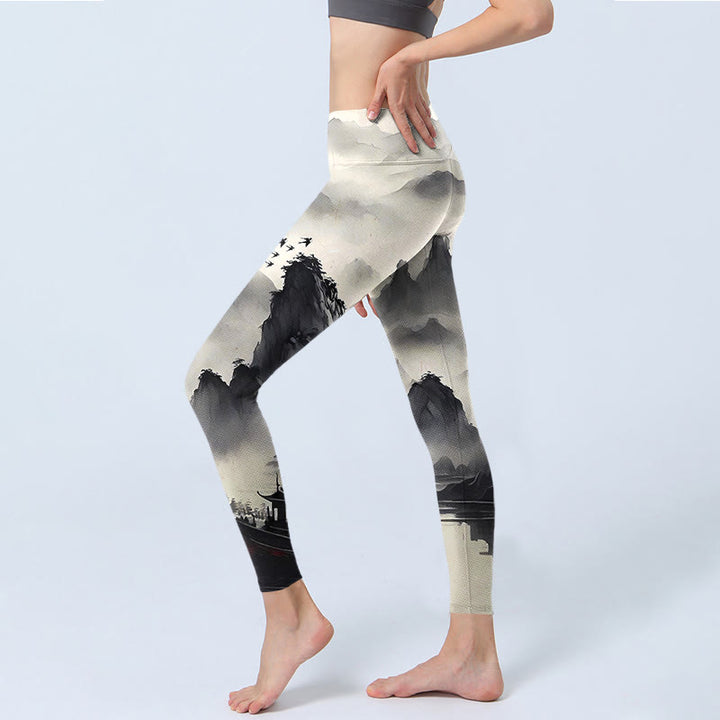 Leggings fitness da donna con stampa di paesaggio con schizzi di inchiostro Buddha Stones , pantaloni da yoga - image 3