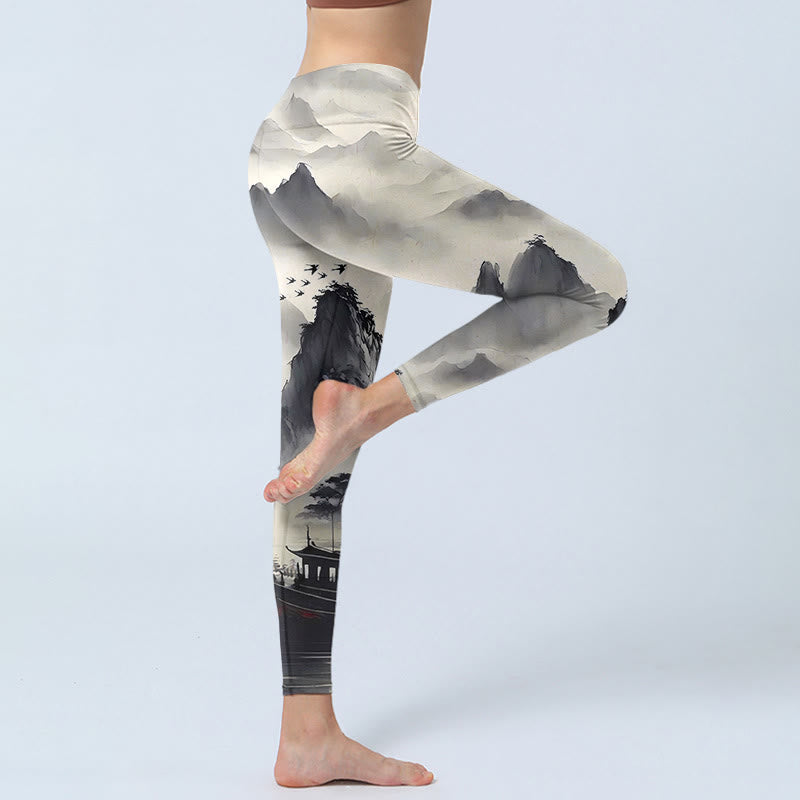 Leggings fitness da donna con stampa di paesaggio con schizzi di inchiostro Buddha Stones , pantaloni da yoga - image 5