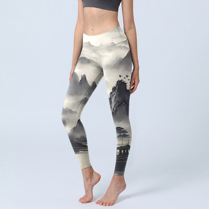 Leggings fitness da donna con stampa di paesaggio con schizzi di inchiostro Buddha Stones , pantaloni da yoga - Paesaggio a inchiostro - US18, UK/AU22, EU50 (4XL) - image 0