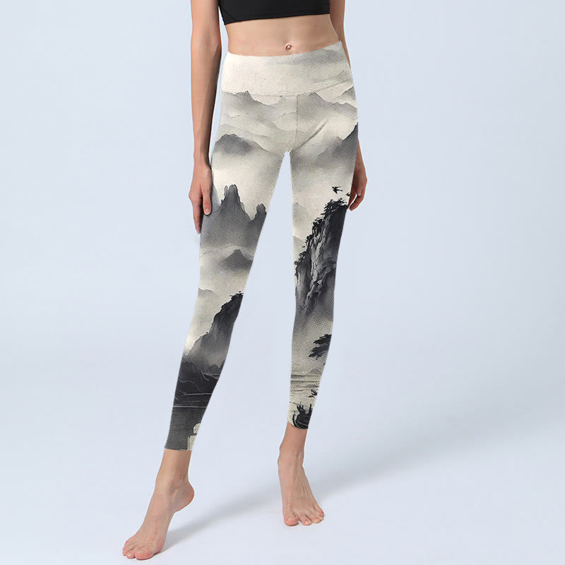 Leggings fitness da donna con stampa di paesaggio con schizzi di inchiostro Buddha Stones , pantaloni da yoga - image 7