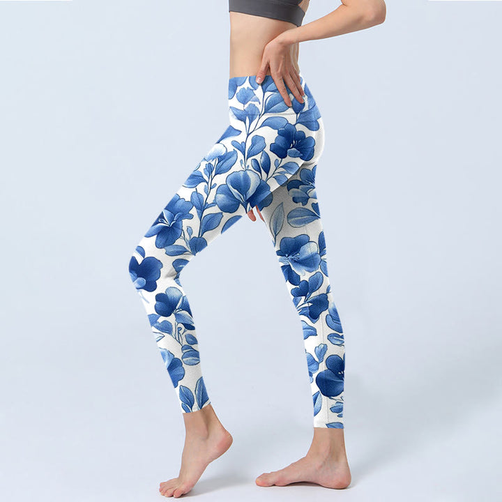 Leggings fitness con stampa di fiori blu Buddha Stones, pantaloni da yoga da donna - image 3