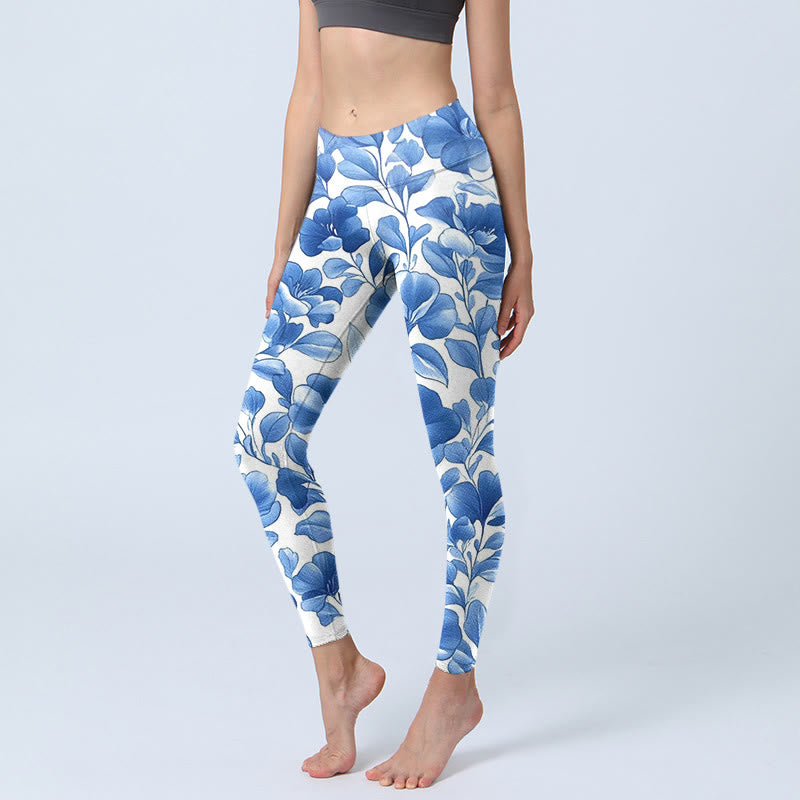 Leggings fitness con stampa di fiori blu Buddha Stones, pantaloni da yoga da donna - AzzurroCielo Chiaro - US18, UK/AU22, EU50 (4XL) - image 1