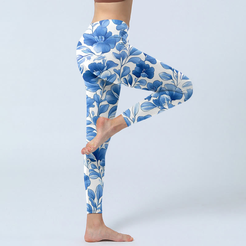 Leggings fitness con stampa di fiori blu Buddha Stones, pantaloni da yoga da donna - image 4