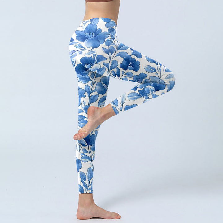 Leggings fitness con stampa di fiori blu Buddha Stones, pantaloni da yoga da donna - image 4