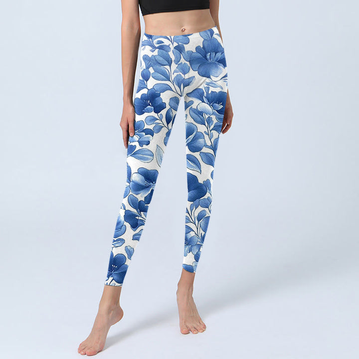 Leggings fitness con stampa di fiori blu Buddha Stones, pantaloni da yoga da donna - image 6