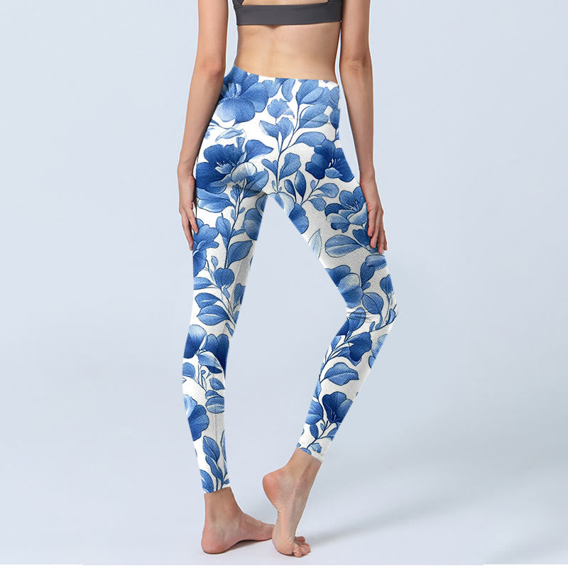 Leggings fitness con stampa di fiori blu Buddha Stones, pantaloni da yoga da donna - image 5