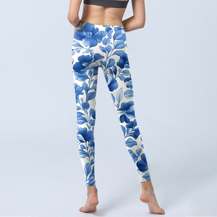 Leggings fitness con stampa di fiori blu Buddha Stones, pantaloni da yoga da donna - image 7