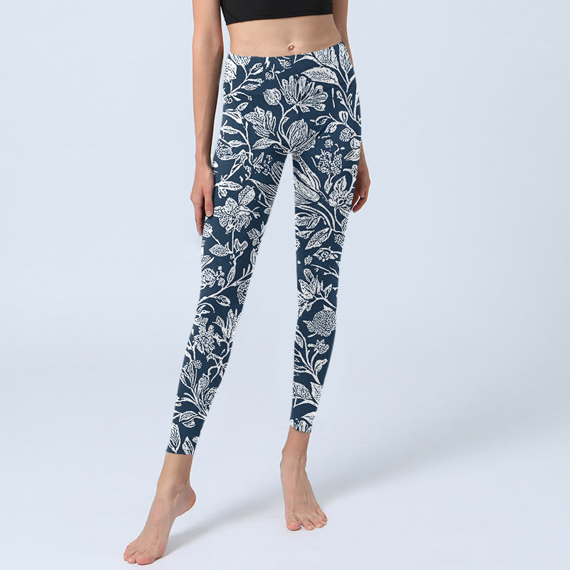 Leggings fitness con stampa floreale blu scuro Buddha Stones Pantaloni da yoga da donna - image 6