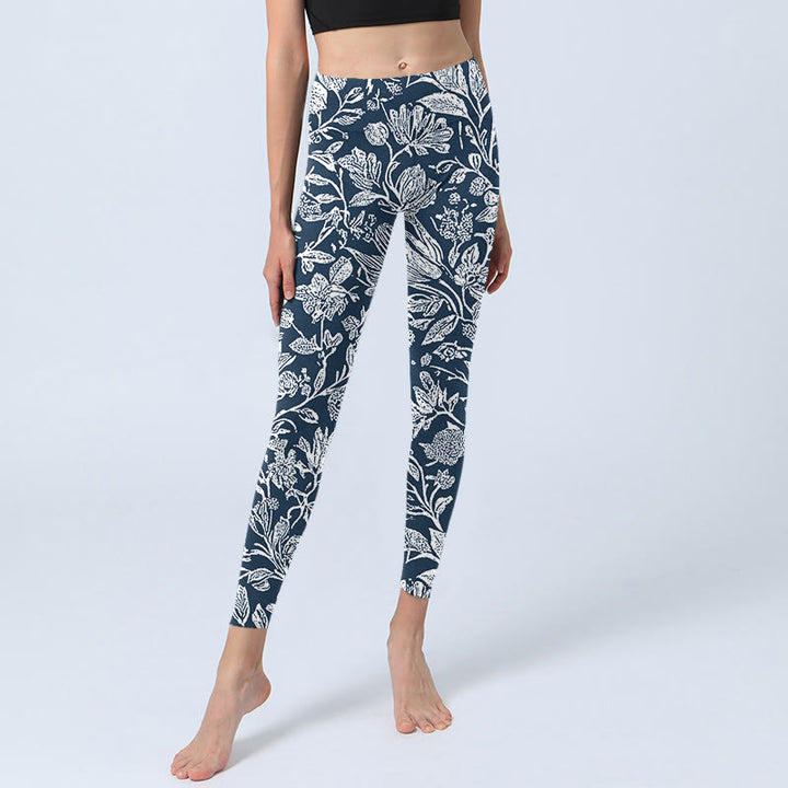 Leggings fitness con stampa floreale blu scuro Buddha Stones Pantaloni da yoga da donna - image 6
